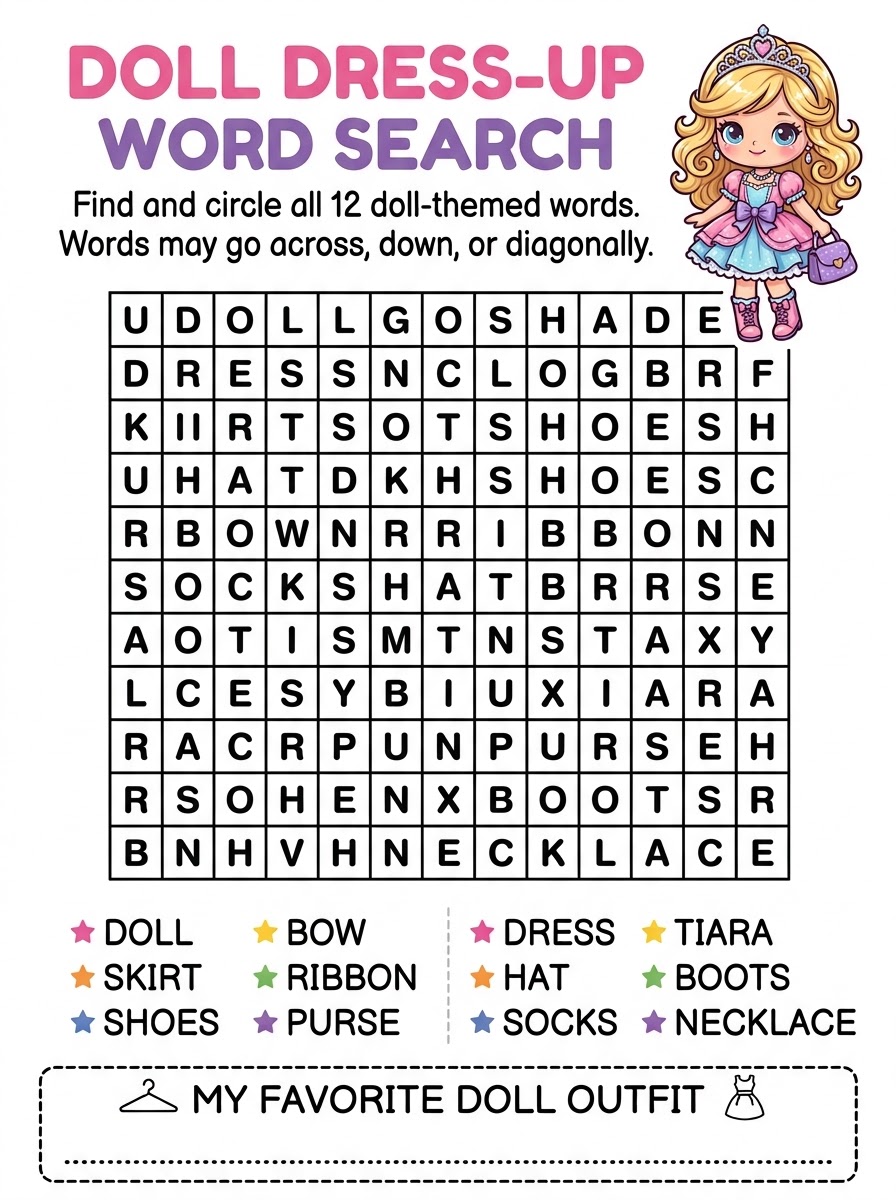 Doll Dress-Up Word Search version 2 — princess character with word search grid